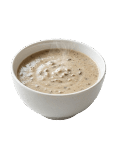 Cream of Mushroom Soup served in a white ceramic bowl