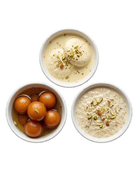 Gulab Jamun, Ras Malai and Kheer served in white bowls