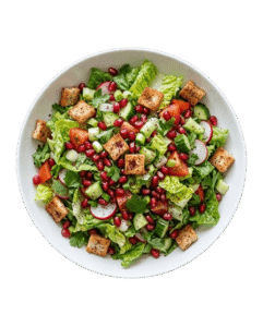 resh Fattoush salad presented in a white ceramic bowl