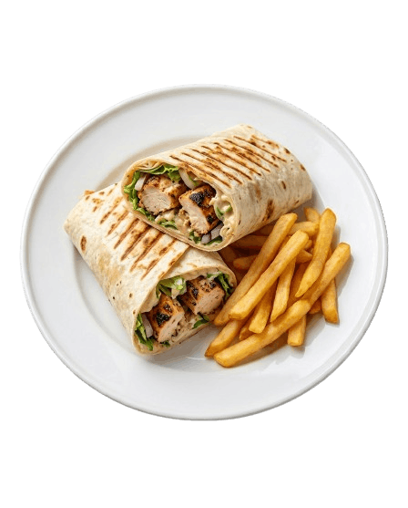 Malai Boti Wrap served with fries on a white plate