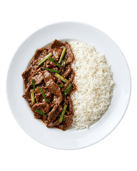 Mongolian Beef served with plain rice on a white ceramic plate