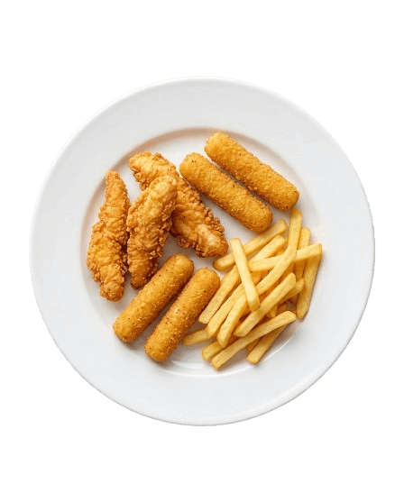 Chicken strips, mozzarella sticks and fries on a white plate
