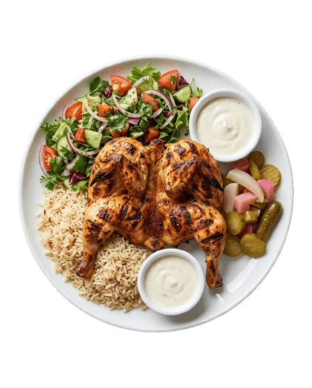 Flame-grilled chicken with pulao rice, salad and garlic sauce