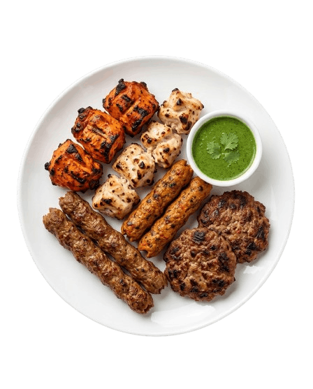 Chicken Tikka, Malai Boti, Seekh Kabab and Chapli Kabab platter