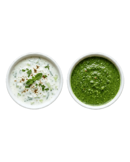 Fresh Raita and Green Chutney served in white ceramic bowls