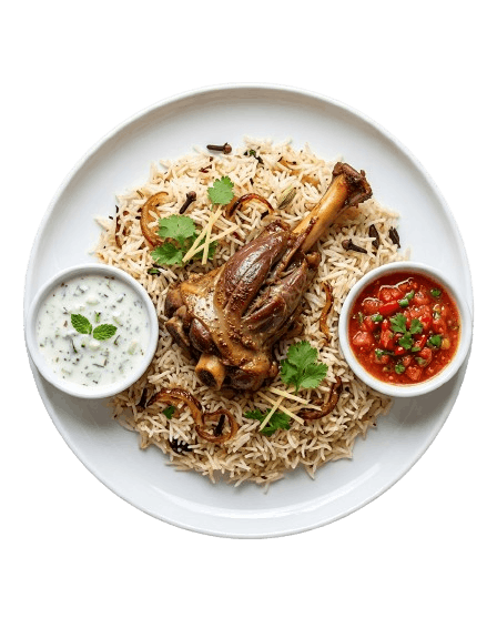 Shinwari Shank served over pulao rice with raita and tomato chutney