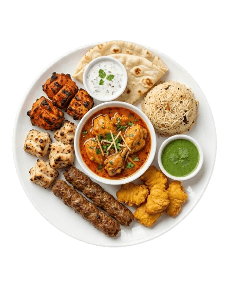 Sultan Platter with Chicken Karahi, grilled meats, naan and rice