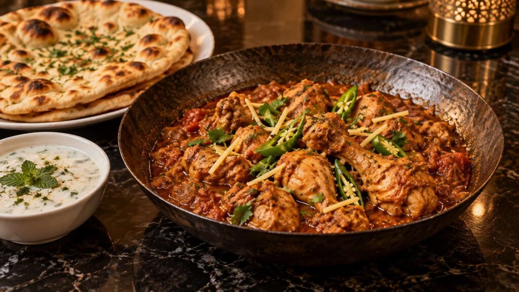 Traditional Shinwari chicken karahi with rich gravy, fresh naan and raita at a Pakistani halal restaurant in Edmonton.
