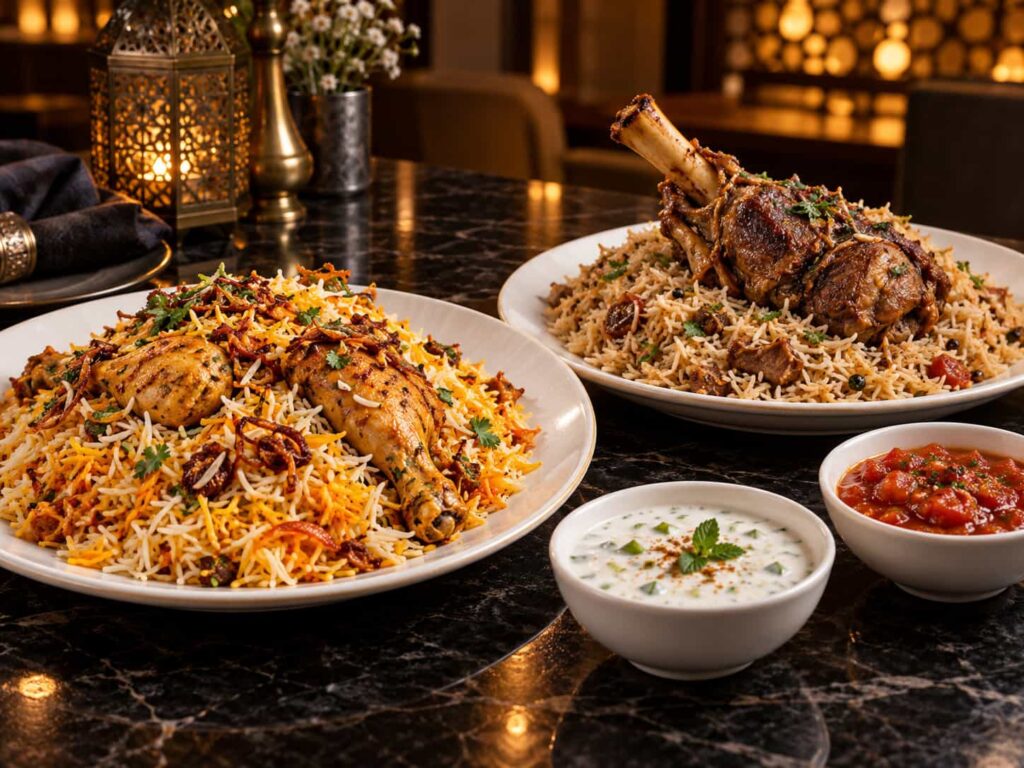 Pakistani Chicken Biryani and Shinwari Shank Pulao presented on separate serving plates with raita.