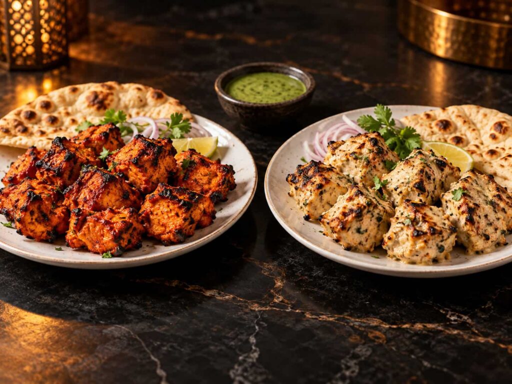 Orange-red Chicken Tikka alongside lightly seasoned Chicken Malai Boti on separate white ceramic serving plates.