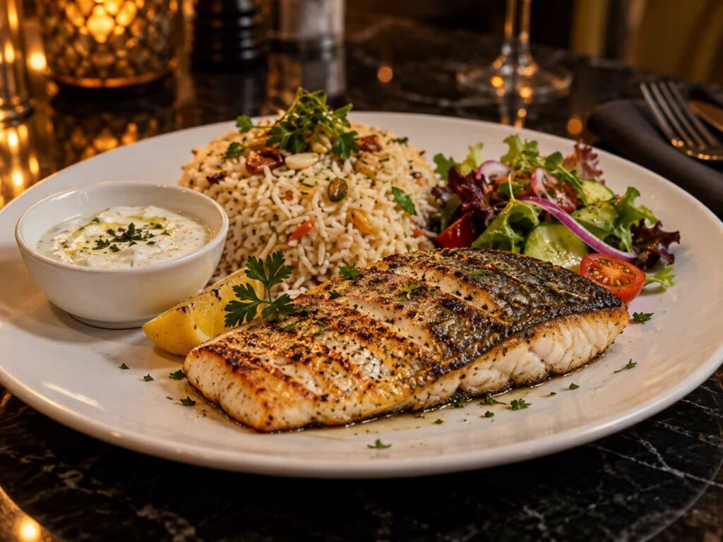 Grilled sea bass served with Pulao Rice, fresh salad and garlic sauce on a white ceramic platter.