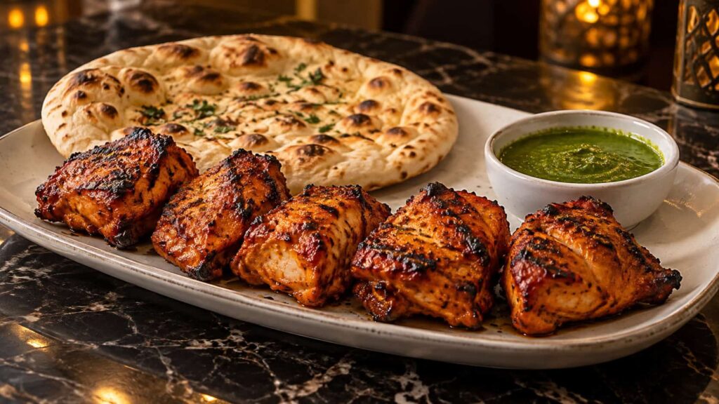 Five pieces of grilled Chicken Tikka served with naan and green chutney on a restaurant plate.