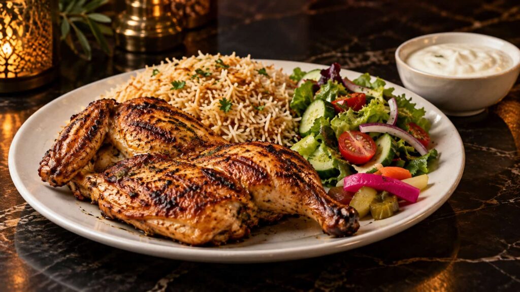 Grilled chicken platter served with Pulao Rice, garlic sauce, salad and pickle at a halal restaurant.
