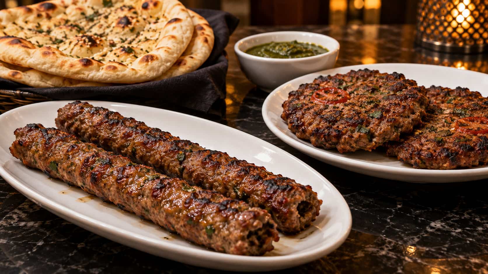 Seekh Kabab and Chapli Kabab with naan and green chutney served as a Pakistani and Afghani BBQ meal.