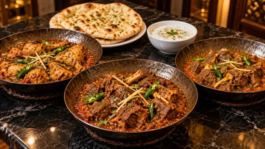 Assortment of chicken, lamb and goat karahi dishes with freshly prepared naan at Sultan Shinwari-style halal dining table.