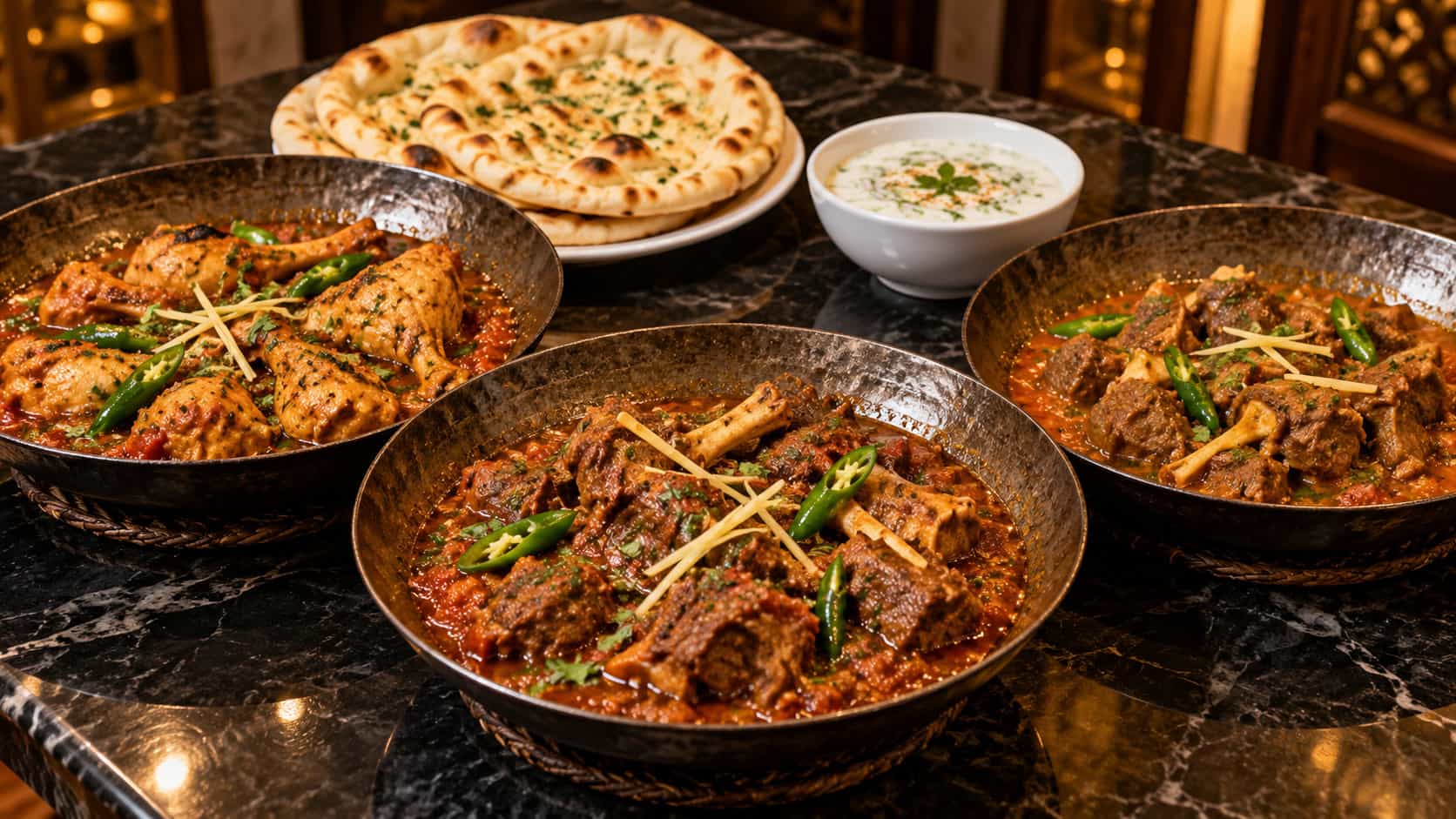 Assortment of chicken, lamb and goat karahi dishes with freshly prepared naan at Sultan Shinwari-style halal dining table.