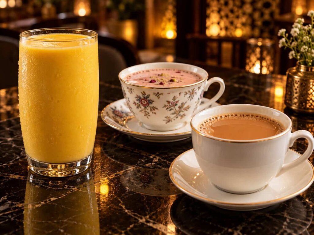 Refreshing Mango Lassi beside cups of Kashmiri Chai and Karak Chai on an elegant restaurant table.