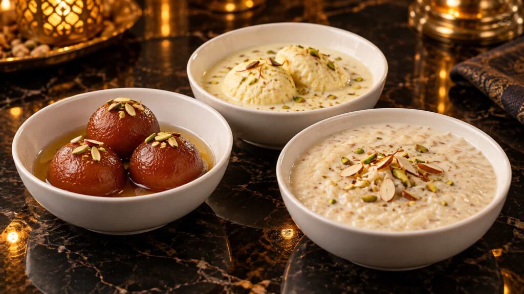 Gulab Jamun, Ras Malai and Kheer served in separate white ceramic dessert bowls on a restaurant table.