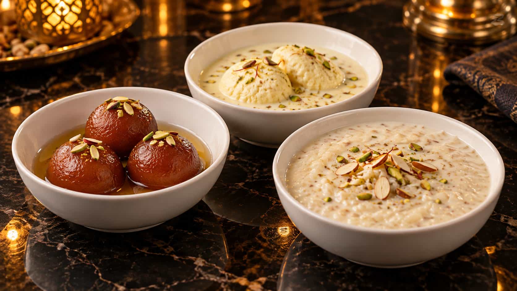 Gulab Jamun, Ras Malai and Kheer served in separate white ceramic dessert bowls on a restaurant table.