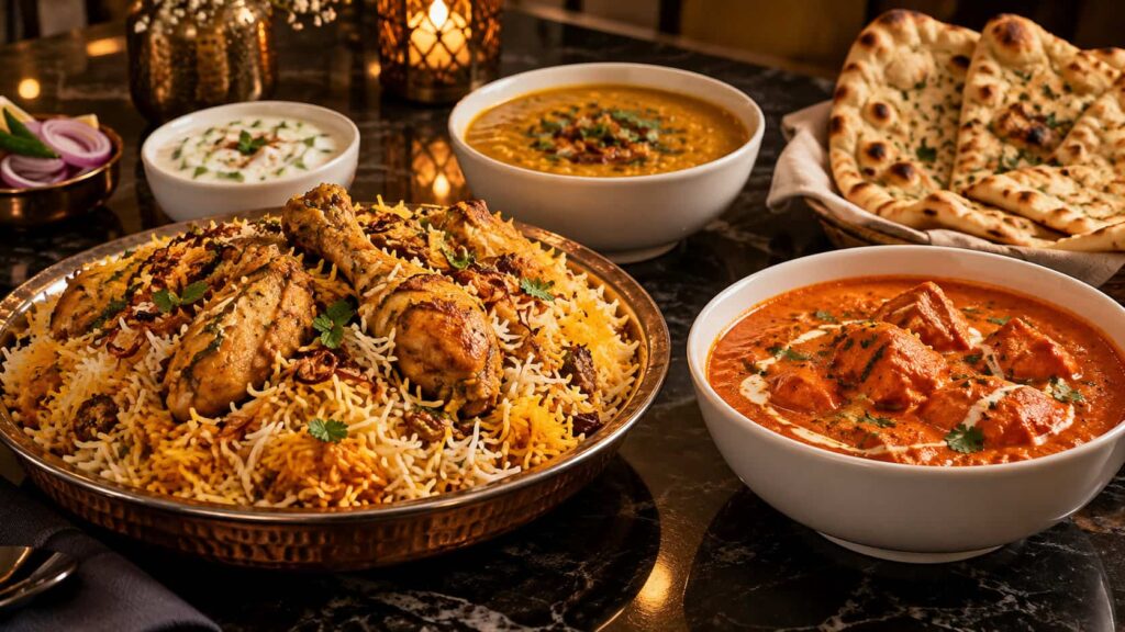 Chicken Biryani, Butter Chicken and traditional daal served with rice, naan and raita on a restaurant table.