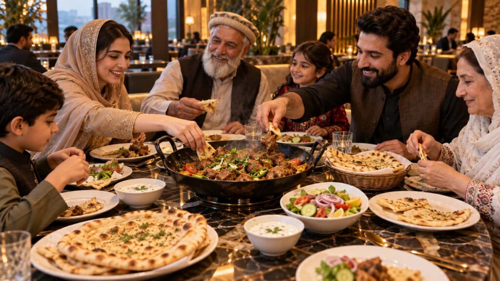 Family sharing a Pakistani karahi meal with naan, salad and raita around a restaurant dining table