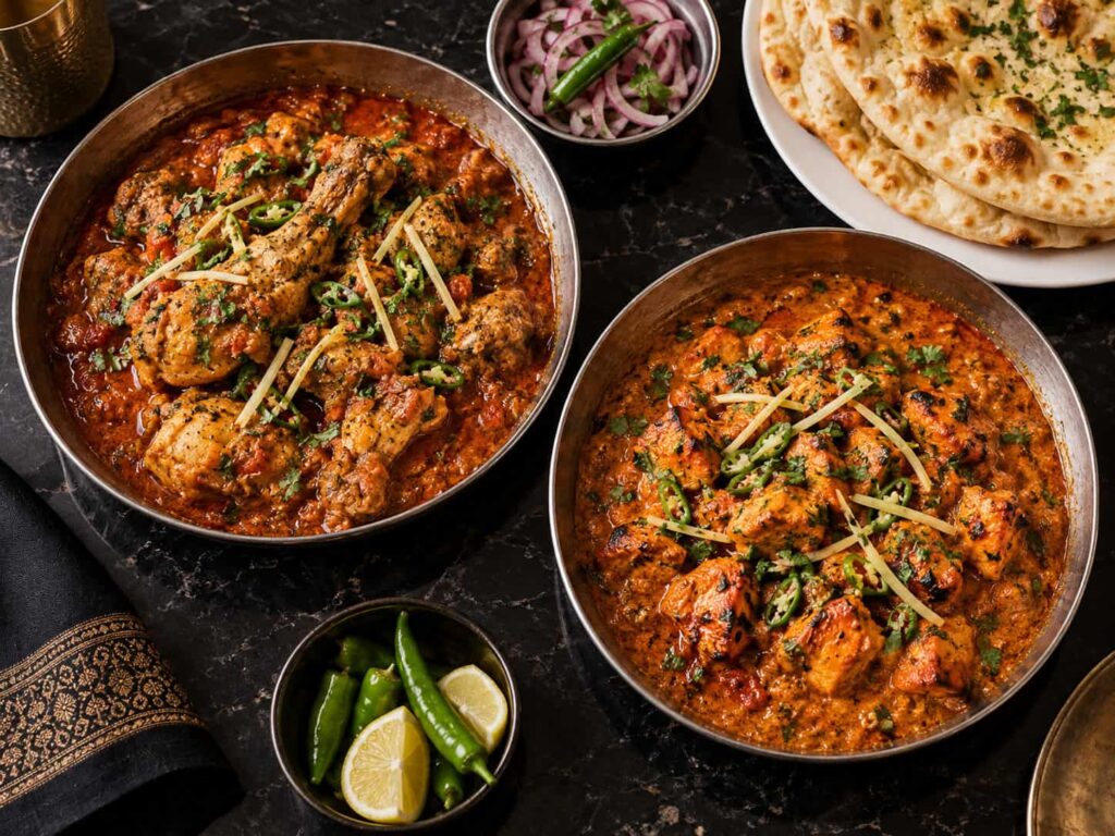 Two different karahi dishes illustrating the variety of Signature Shinwari and Chef Special menu choices.