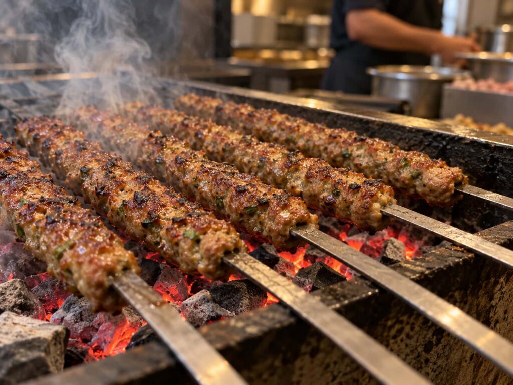 Skewered seekh kababs cooking over a charcoal grill in a professional restaurant kitchen.