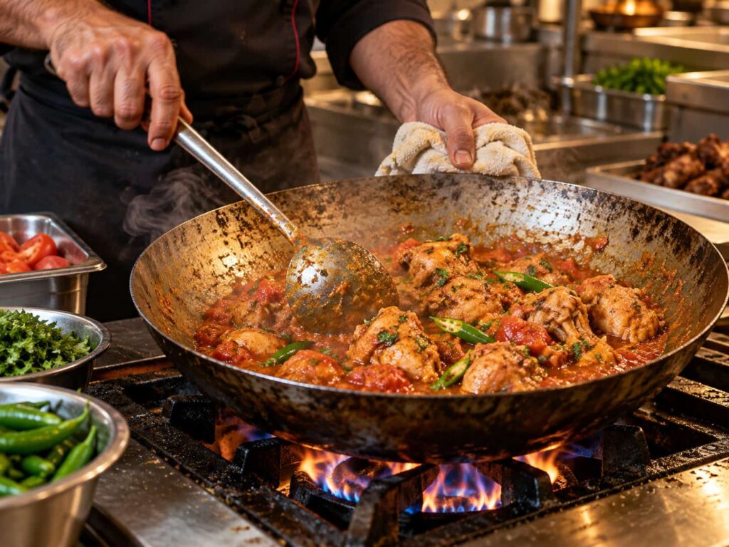 Close-up of a chef preparing meat karahi in a traditional round pan over restaurant kitchen heat.